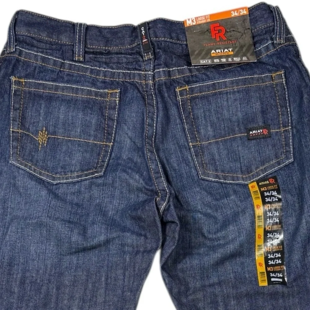 NWT Ariat Men's FR M3 Loose Fit Straight Leg Jeans in a Dark Wash | Size 34x34